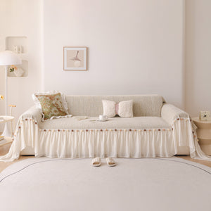 Boho Couch Cover with Knitted Stripes, Chiffon Skirt & Pom Fringe, Pet-Friendly Throw