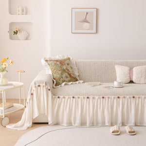 Boho Couch Cover with Knitted Stripes, Chiffon Skirt & Pom Fringe, Pet-Friendly Throw