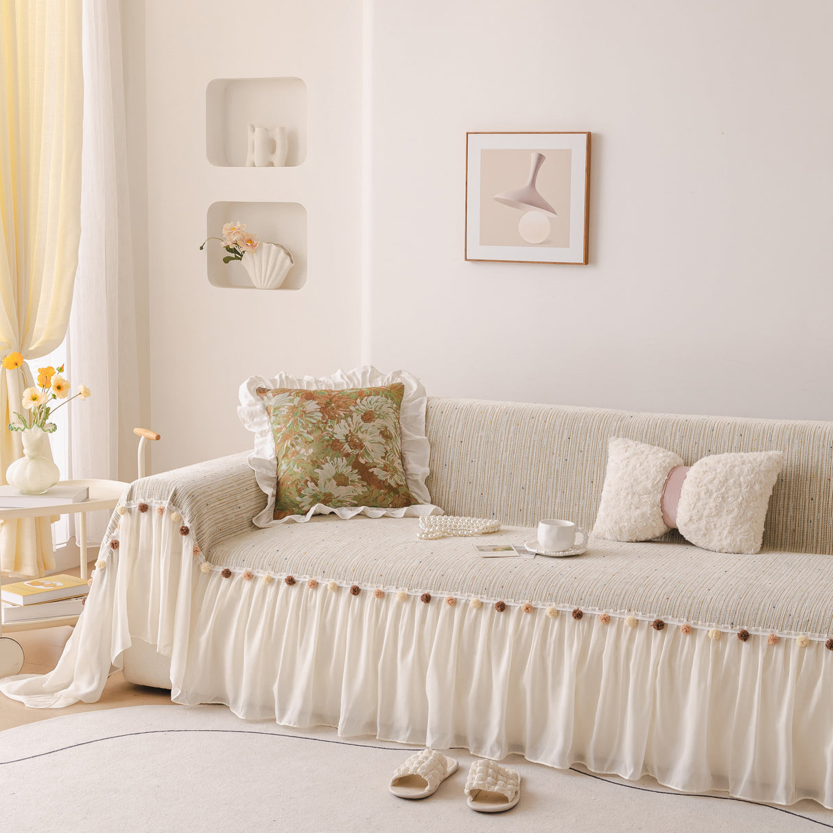 Boho Couch Cover with Knitted Stripes, Chiffon Skirt & Pom Fringe, Pet-Friendly Throw