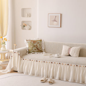 Boho Couch Cover with Knitted Stripes, Chiffon Skirt & Pom Fringe, Pet-Friendly Throw