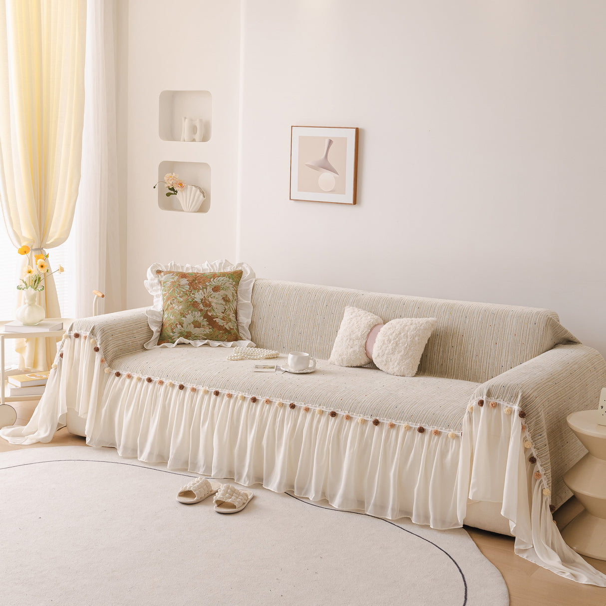 Boho Couch Cover with Knitted Stripes, Chiffon Skirt & Pom Fringe, Pet-Friendly Throw