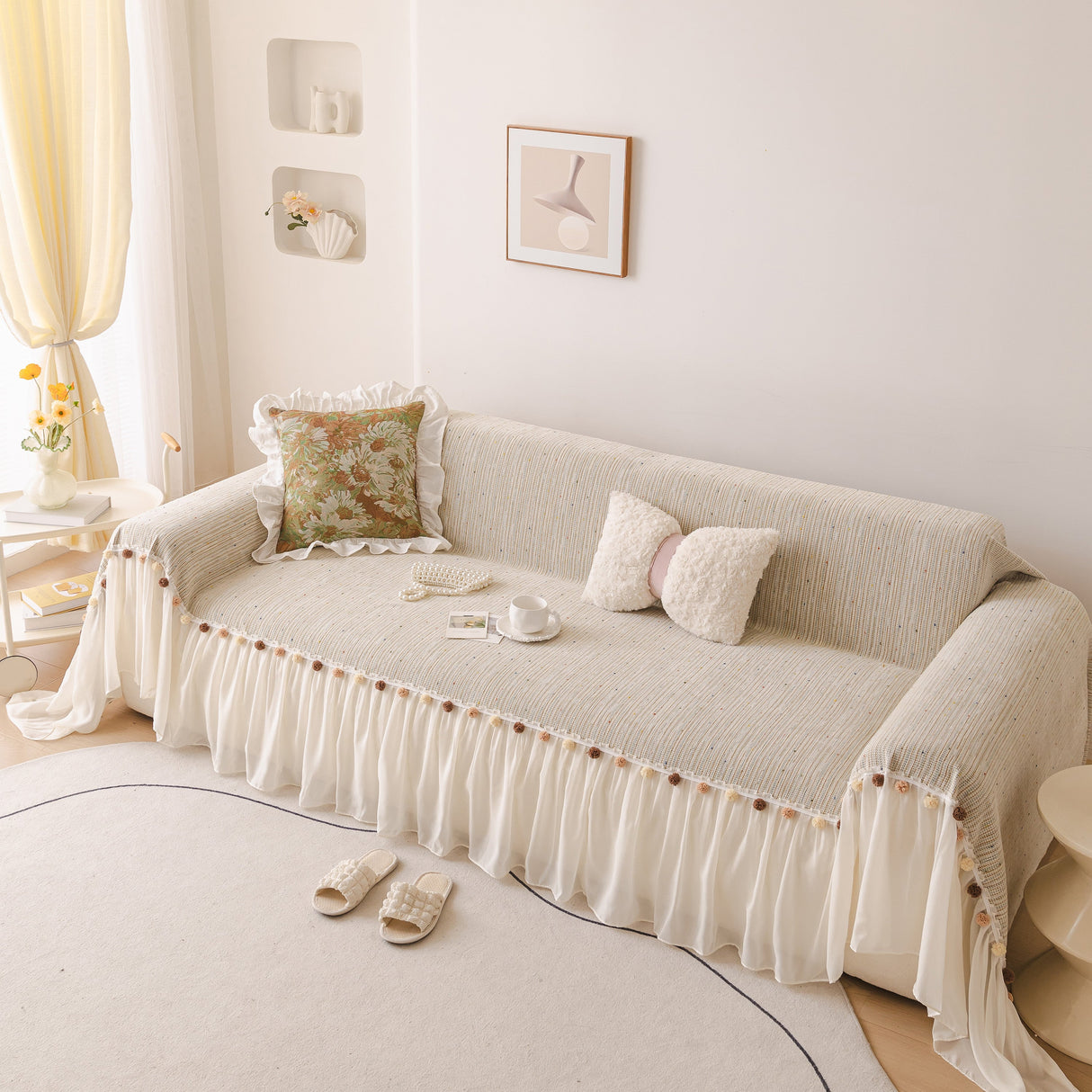 Boho Couch Cover with Knitted Stripes, Chiffon Skirt & Pom Fringe, Pet-Friendly Throw