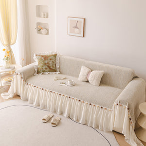 Boho Couch Cover with Knitted Stripes, Chiffon Skirt & Pom Fringe, Pet-Friendly Throw