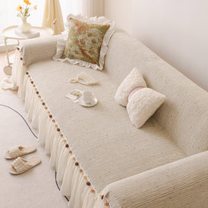 Boho Couch Cover with Knitted Stripes, Chiffon Skirt & Pom Fringe, Pet-Friendly Throw