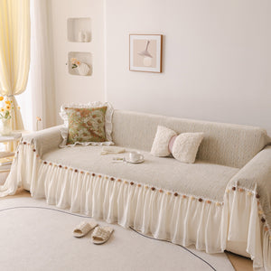 Boho Couch Cover with Knitted Stripes, Chiffon Skirt & Pom Fringe, Pet-Friendly Throw