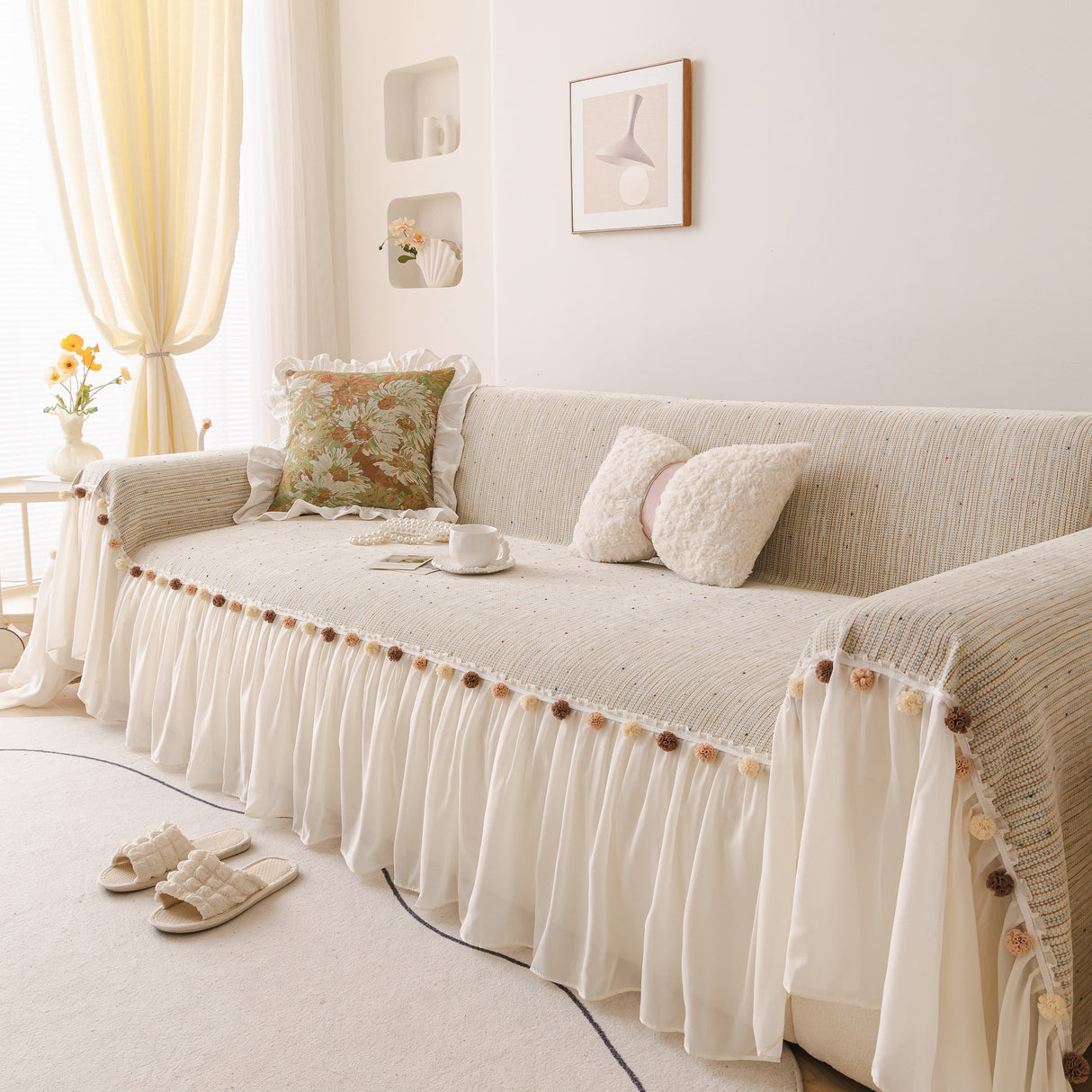 Boho Couch Cover with Knitted Stripes, Chiffon Skirt & Pom Fringe, Pet-Friendly Throw