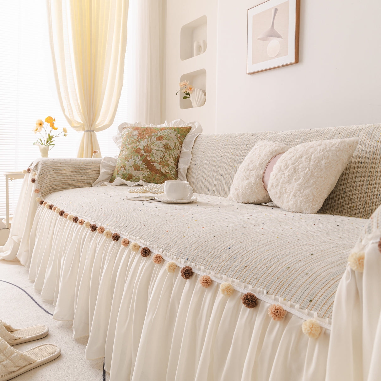 Boho Couch Cover with Knitted Stripes, Chiffon Skirt & Pom Fringe, Pet-Friendly Throw