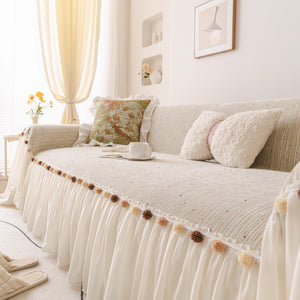 Boho Couch Cover with Knitted Stripes, Chiffon Skirt & Pom Fringe, Pet-Friendly Throw