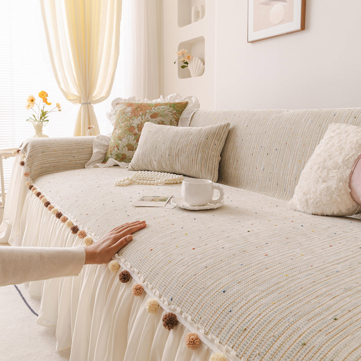 Boho Couch Cover with Knitted Stripes, Chiffon Skirt & Pom Fringe, Pet-Friendly Throw