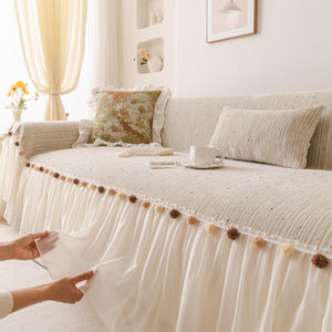 Boho Couch Cover with Knitted Stripes, Chiffon Skirt & Pom Fringe, Pet-Friendly Throw