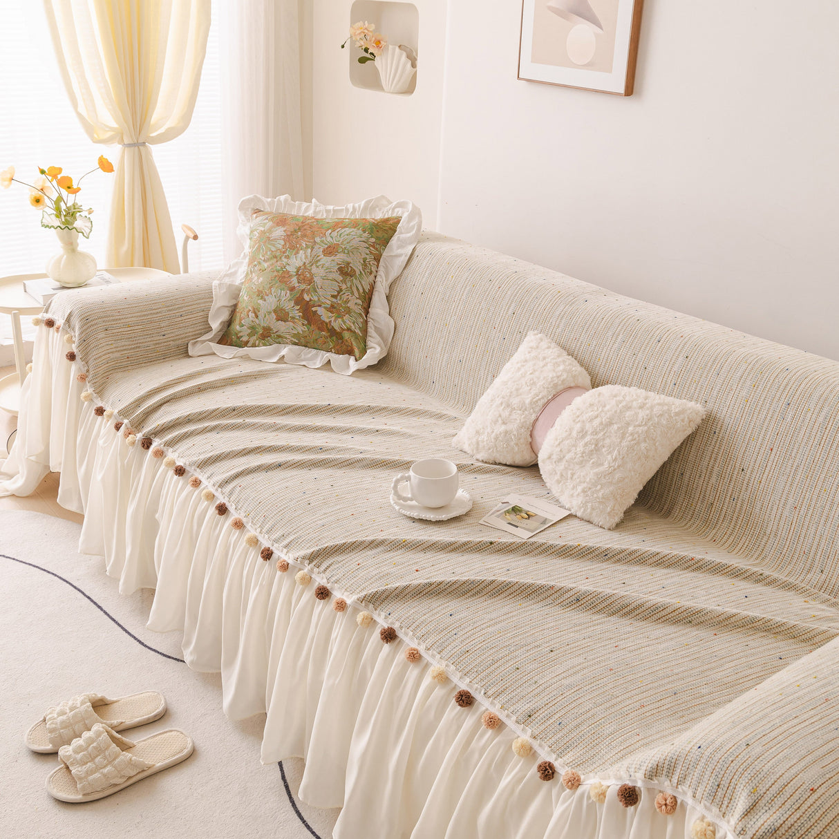 Boho Couch Cover with Knitted Stripes, Chiffon Skirt & Pom Fringe, Pet-Friendly Throw