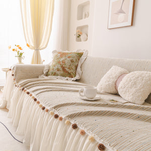Boho Couch Cover with Knitted Stripes, Chiffon Skirt & Pom Fringe, Pet-Friendly Throw