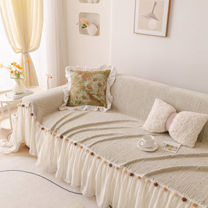 Boho Couch Cover with Knitted Stripes, Chiffon Skirt & Pom Fringe, Pet-Friendly Throw