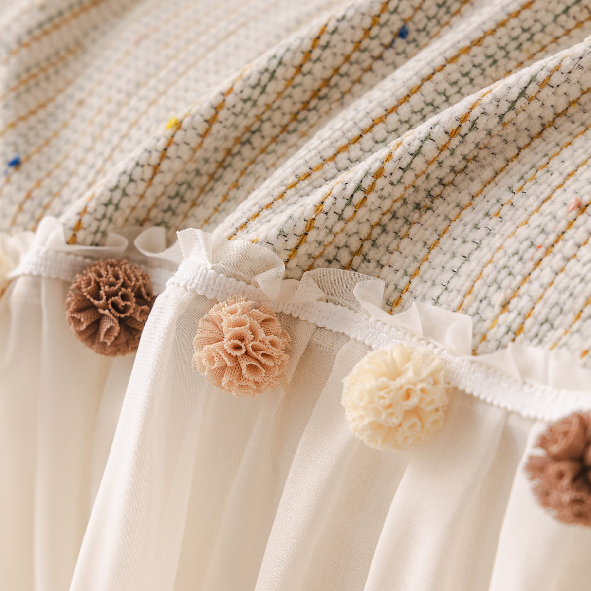 Boho Couch Cover with Knitted Stripes, Chiffon Skirt & Pom Fringe, Pet-Friendly Throw