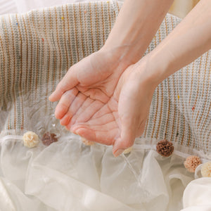 Boho Couch Cover with Knitted Stripes, Chiffon Skirt & Pom Fringe, Pet-Friendly Throw