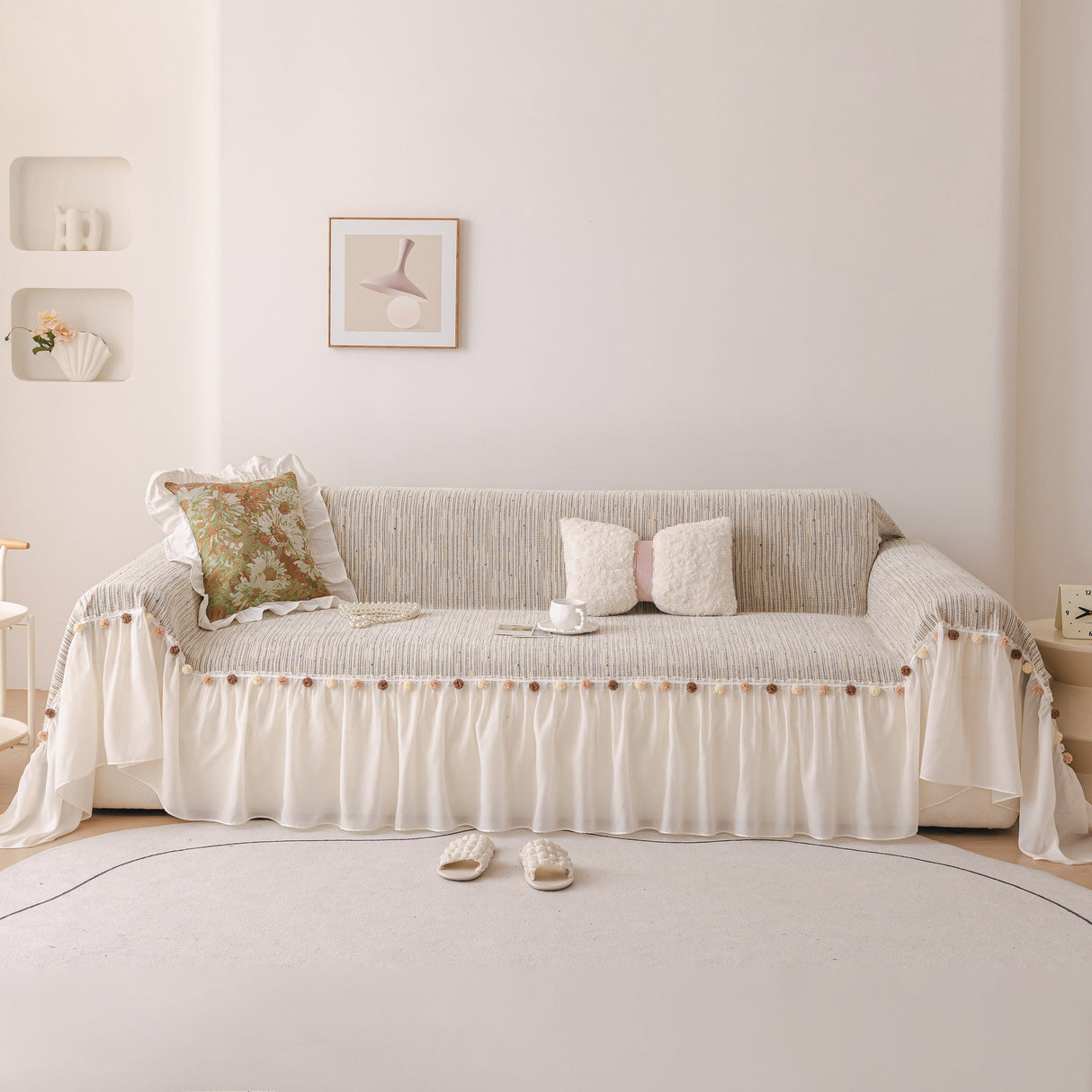 Boho Couch Cover with Knitted Stripes, Chiffon Skirt & Pom Fringe, Pet-Friendly Throw