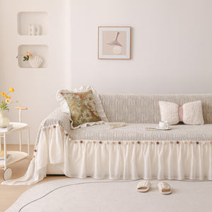 Boho Couch Cover with Knitted Stripes, Chiffon Skirt & Pom Fringe, Pet-Friendly Throw