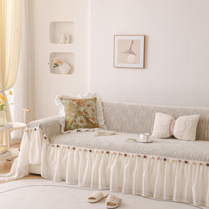 Boho Couch Cover with Knitted Stripes, Chiffon Skirt & Pom Fringe, Pet-Friendly Throw