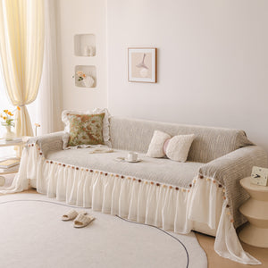 Boho Couch Cover with Knitted Stripes, Chiffon Skirt & Pom Fringe, Pet-Friendly Throw