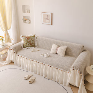 Boho Couch Cover with Knitted Stripes, Chiffon Skirt & Pom Fringe, Pet-Friendly Throw