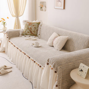 Boho Couch Cover with Knitted Stripes, Chiffon Skirt & Pom Fringe, Pet-Friendly Throw