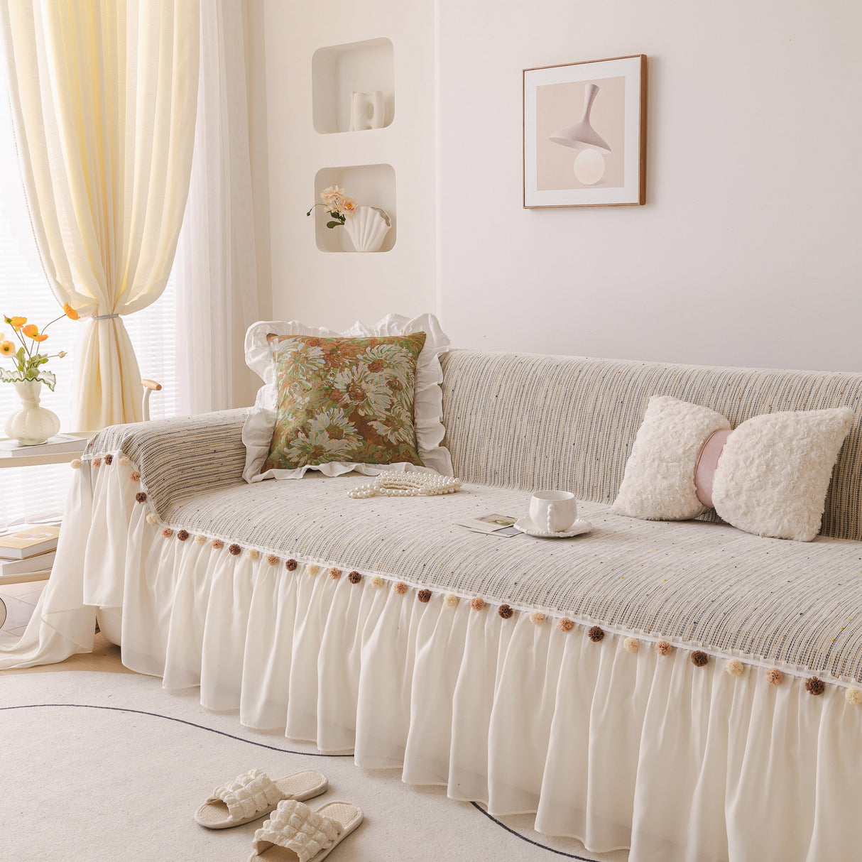 Boho Couch Cover with Knitted Stripes, Chiffon Skirt & Pom Fringe, Pet-Friendly Throw