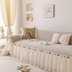 Boho Couch Cover with Knitted Stripes, Chiffon Skirt & Pom Fringe, Pet-Friendly Throw