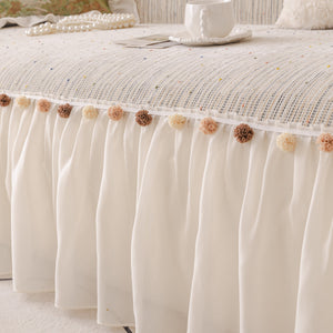 Boho Couch Cover with Knitted Stripes, Chiffon Skirt & Pom Fringe, Pet-Friendly Throw