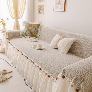 Boho Couch Cover with Knitted Stripes, Chiffon Skirt & Pom Fringe, Pet-Friendly Throw
