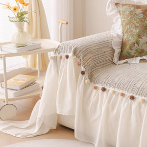 Boho Couch Cover with Knitted Stripes, Chiffon Skirt & Pom Fringe, Pet-Friendly Throw