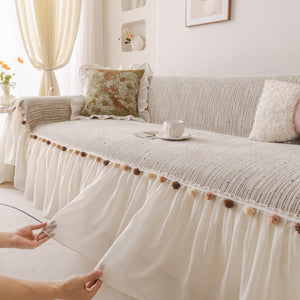 Boho Couch Cover with Knitted Stripes, Chiffon Skirt & Pom Fringe, Pet-Friendly Throw