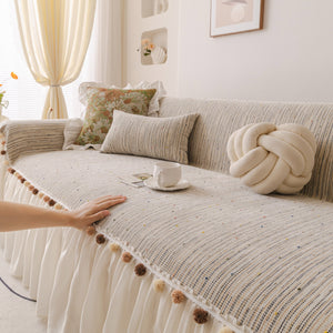 Boho Couch Cover with Knitted Stripes, Chiffon Skirt & Pom Fringe, Pet-Friendly Throw