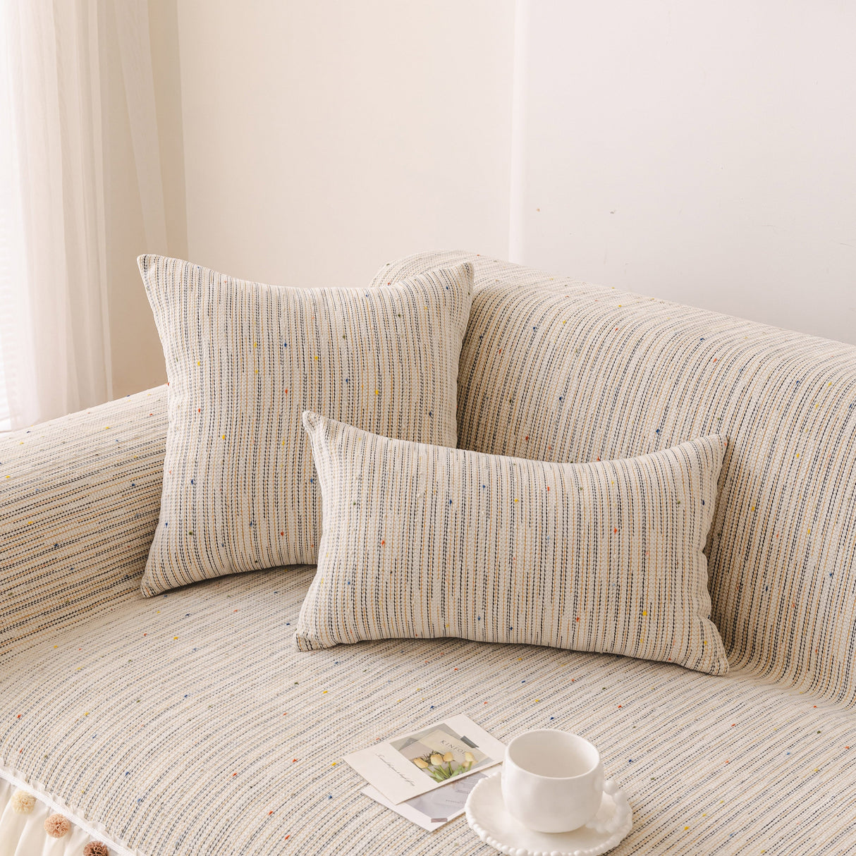 Boho Couch Cover with Knitted Stripes, Chiffon Skirt & Pom Fringe, Pet-Friendly Throw