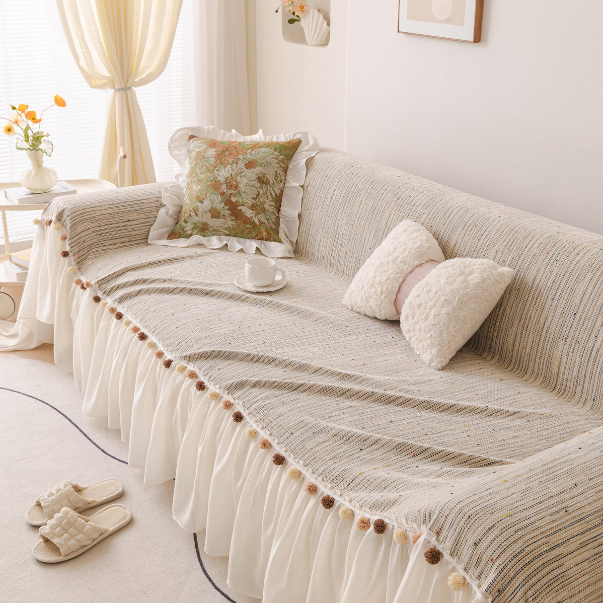 Boho Couch Cover with Knitted Stripes, Chiffon Skirt & Pom Fringe, Pet-Friendly Throw