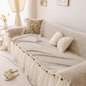 Boho Couch Cover with Knitted Stripes, Chiffon Skirt & Pom Fringe, Pet-Friendly Throw