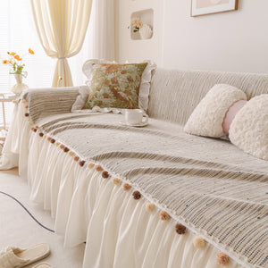 Boho Couch Cover with Knitted Stripes, Chiffon Skirt & Pom Fringe, Pet-Friendly Throw