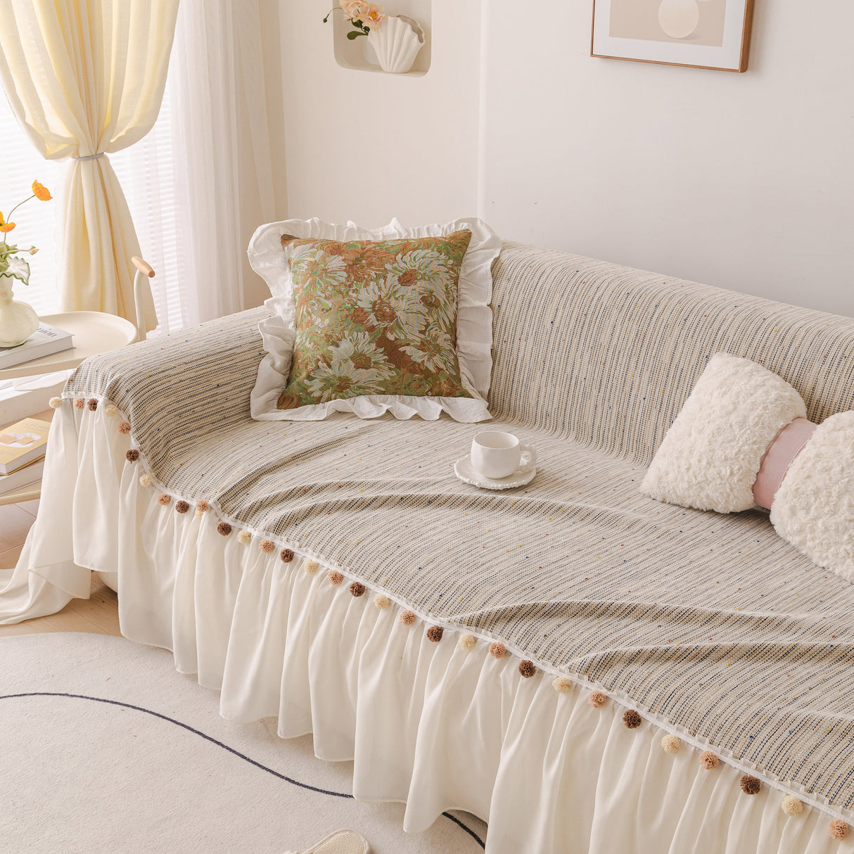 Boho Couch Cover with Knitted Stripes, Chiffon Skirt & Pom Fringe, Pet-Friendly Throw