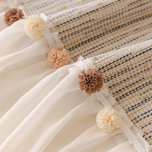 Boho Couch Cover with Knitted Stripes, Chiffon Skirt & Pom Fringe, Pet-Friendly Throw