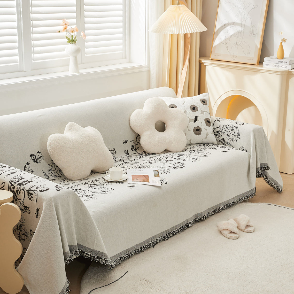 Chenille Butterfly Sofa Cover Blanket, L Shaped Couch Cover, Reversible Couch Protector