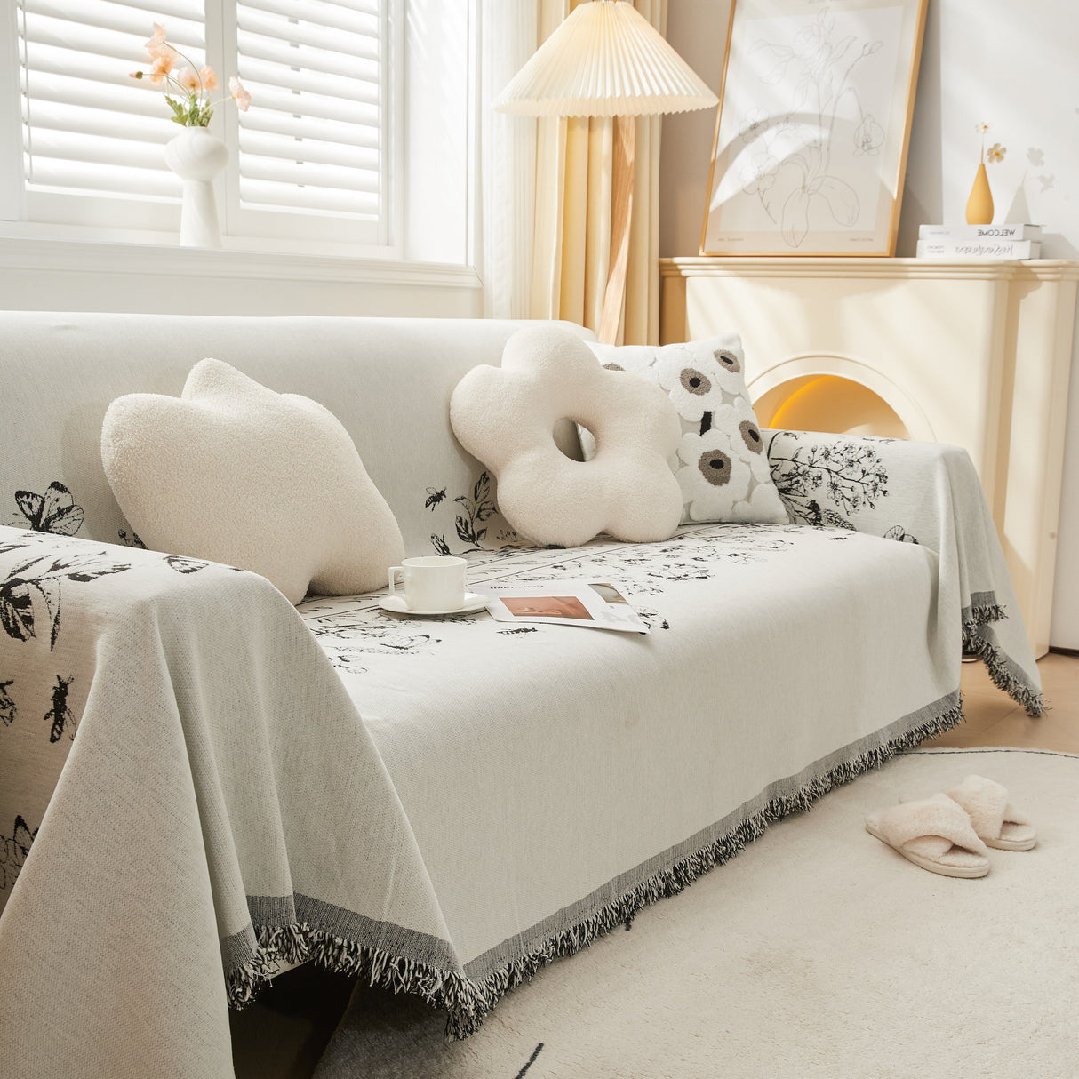 Chenille Butterfly Sofa Cover Blanket, L Shaped Couch Cover, Reversible Couch Protector