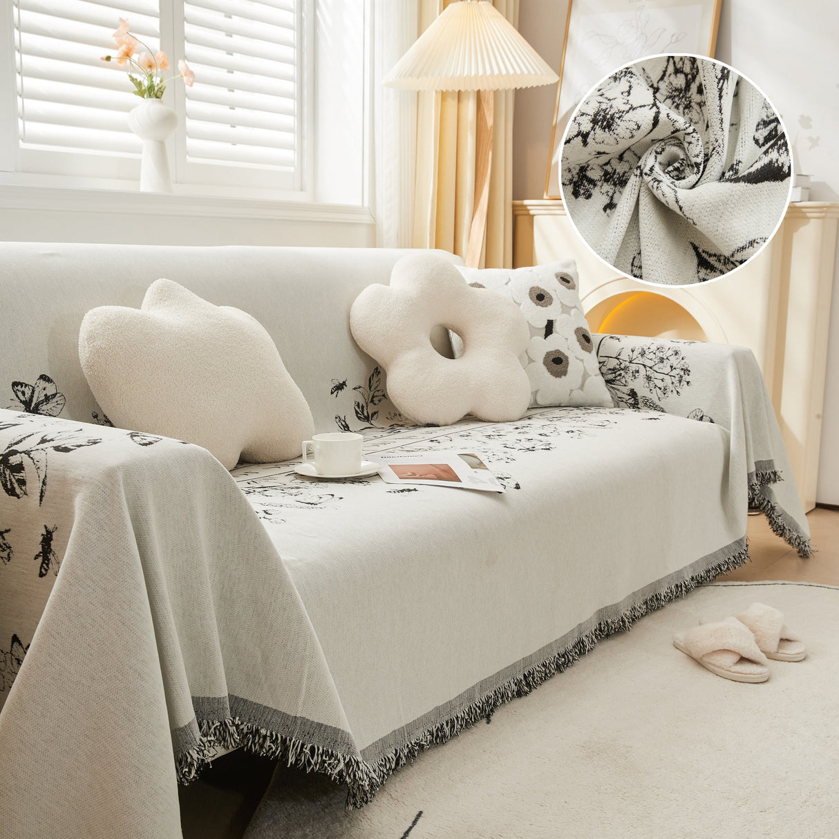 Chenille Butterfly Sofa Cover Blanket, L Shaped Couch Cover, Reversible Couch Protector