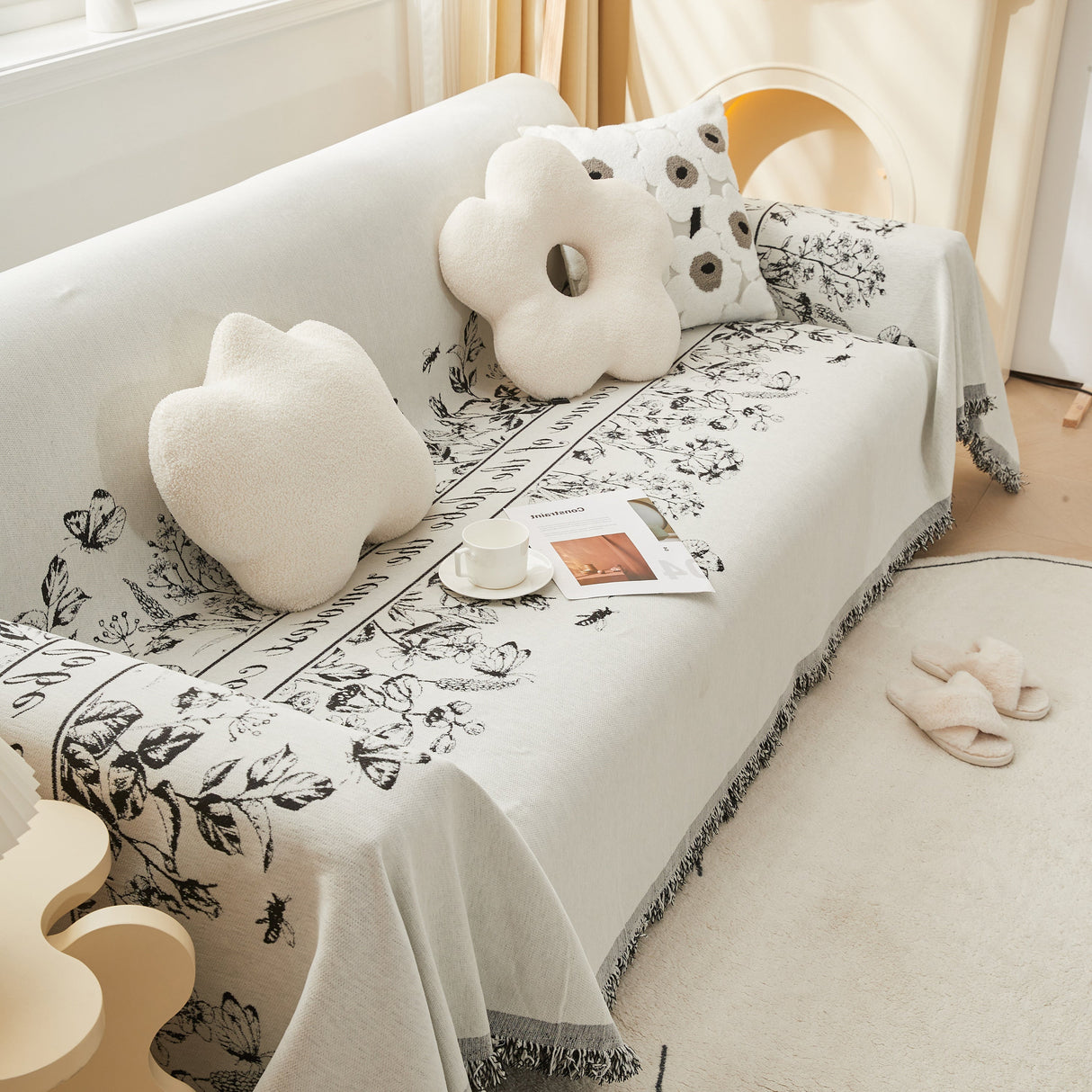 Chenille Butterfly Sofa Cover Blanket, L Shaped Couch Cover, Reversible Couch Protector