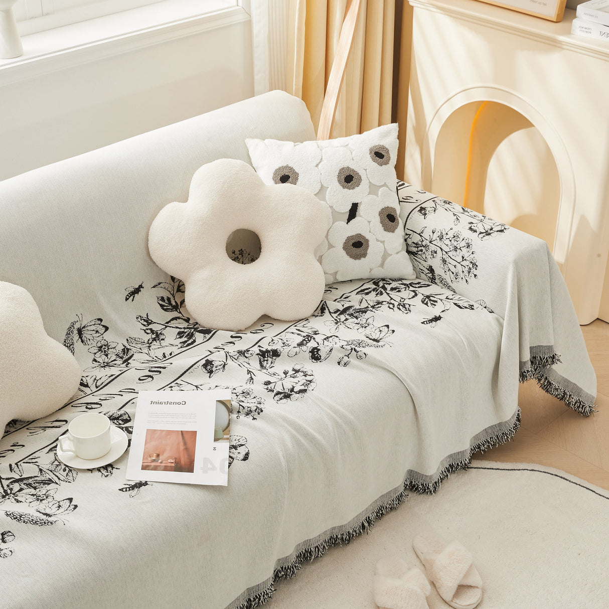 Chenille Butterfly Sofa Cover Blanket, L Shaped Couch Cover, Reversible Couch Protector