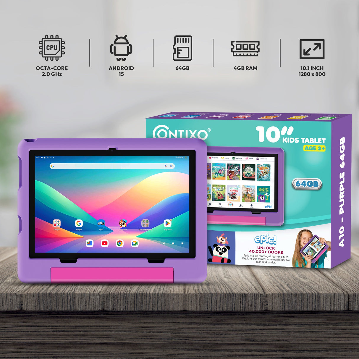 Contixo A10 | 10" Kids Tablet, 2026 Model, Epic! and Lingokids, 64GB by Contixo