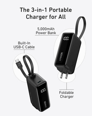 Anker Power Bank (30W, 5k,  Fusion, Built-In USB-C Cable)