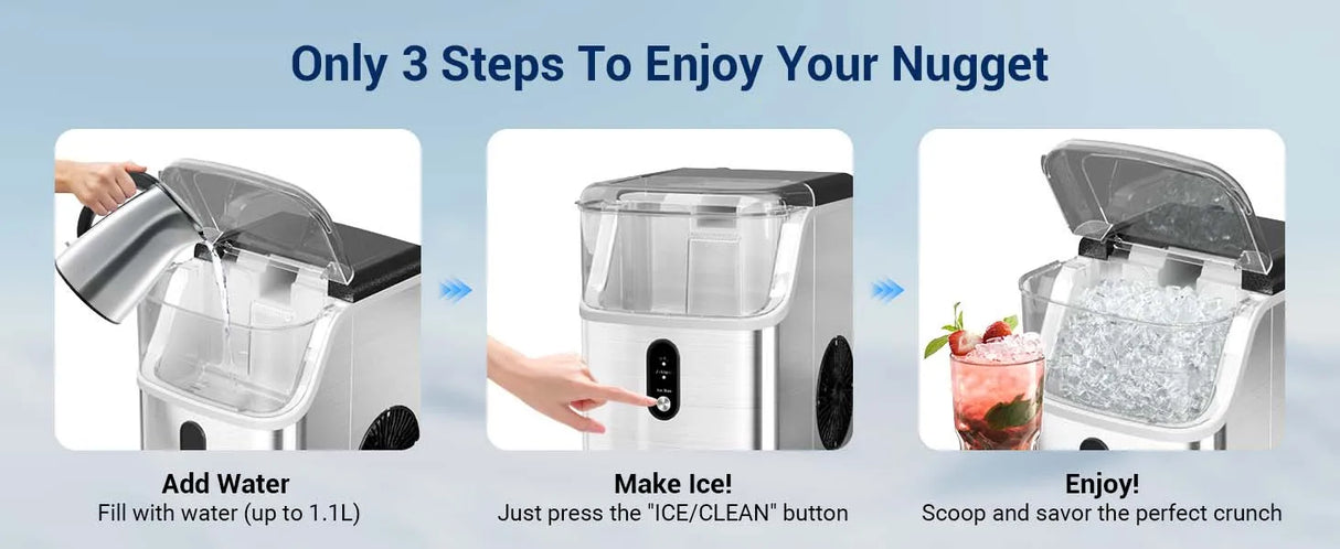 Nugget ice Maker countertop, Soft Pebble Ice Machine 40lbs/Day Small Chewable Pellet ice, Stainless Steel Quiet Mini Chewy Ice Maker Self Cleaning, Ice Ready in 6 Mins for Home Kitchen Office