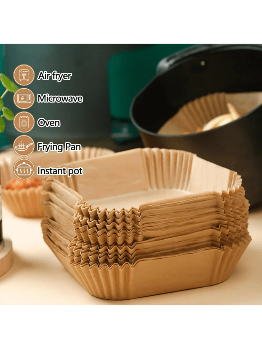100pcs, Square Disposable Air Fryer Liners (9in), Paper Air Fryer Liner Pots, Paper Basket Bowls, Baking Trays, Oven Acces