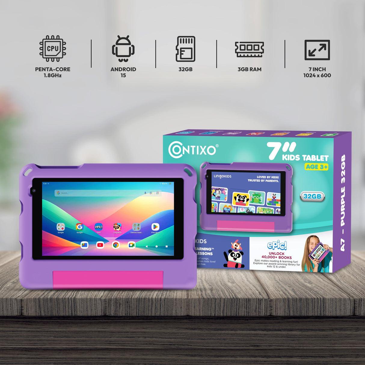 Contixo A7 | 7" Kids Tablet, 2026 Model, Epic! and Lingokids, 32GB by Contixo