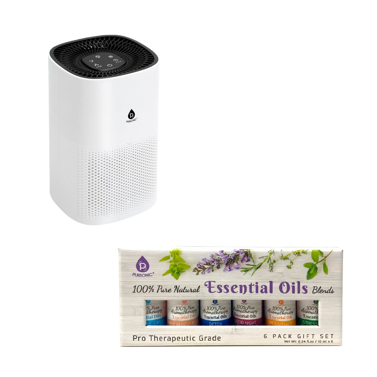 Pursonic Purify & Relax Home Wellness Bundle - True HEPA Air Purifier & 6 Pack of 100% Pure Essential Oils Blends by Pursonic