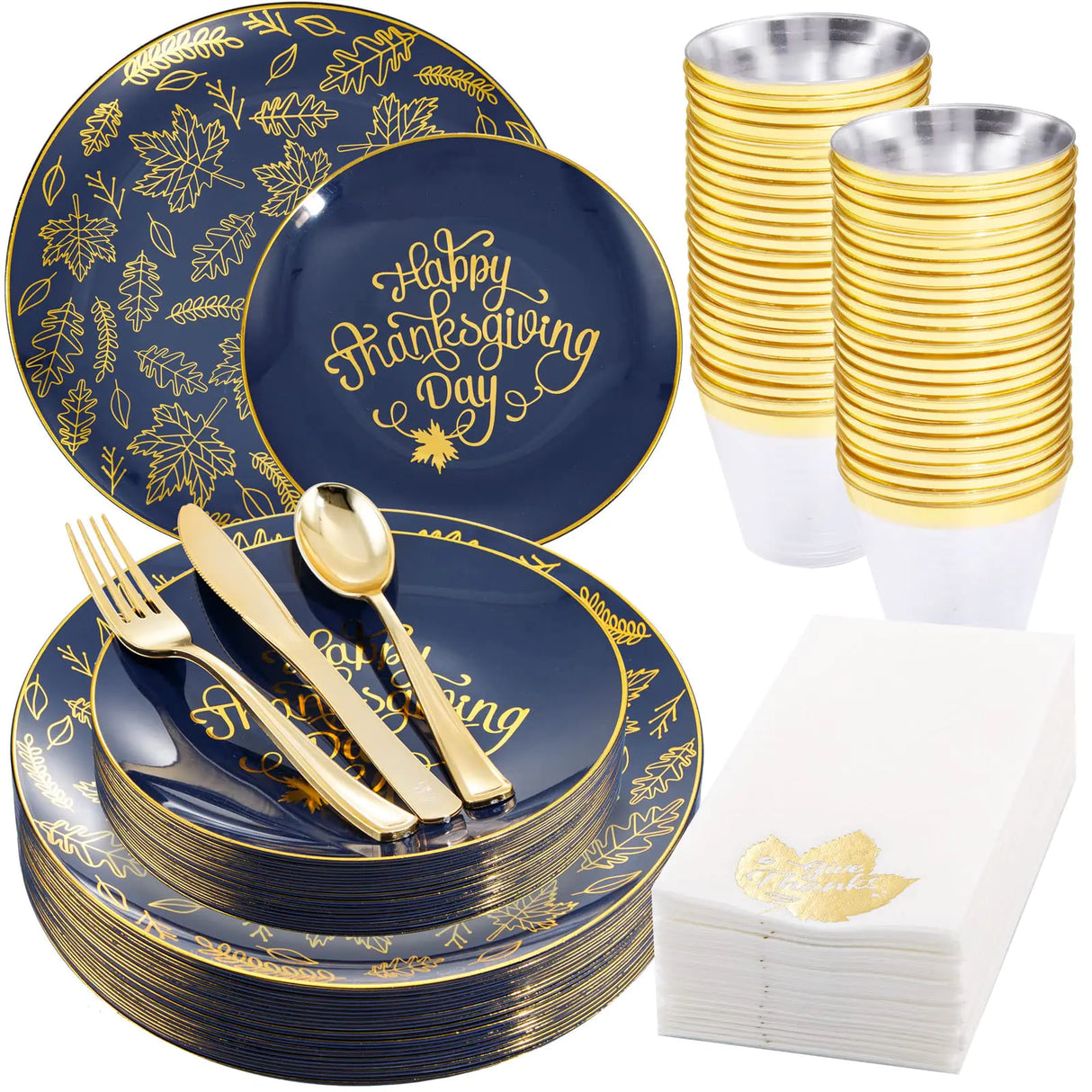Morejoy 175PCS Thanksgiving Plastic Plates Blue Gold Thanksgiving Dinnerware Sets Include: 25Dinner Plates 25 Salad Plates 25 Silverware Set 25 Napkins Fall Plates Disposable for Thanksgiving Day
